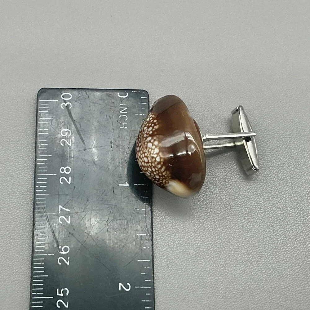 Cowrie Shell Cufflinks Men's Natural Seashell Brown White Silver Tone Coastal